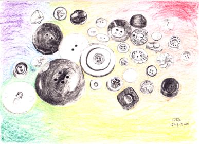 Tekening, kleurtjes op papier. 21-3-2001, knopen. 31x25 cm