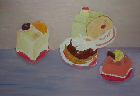 Olieverf op papier. 12-4-2001, gebakjes. 30x45 cm