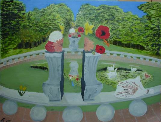 Olieverf op papier. 22-4-2001, gekliefde vaas, vijver met kroos, bomen op achtergrond. 60x45 cm