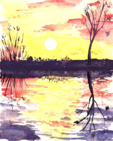 Aquarel op papier. 25-4-2001, avondlucht nageschilderd van Removoskalender. 30x24 cm