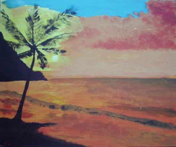 Acrylverf op doek. 10-5-2001, Zonsondergang. 60x49 cm