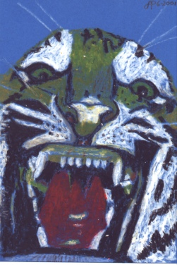 Wascokrijt op papier. 7-6-2001, Tijger. 10x15 cm