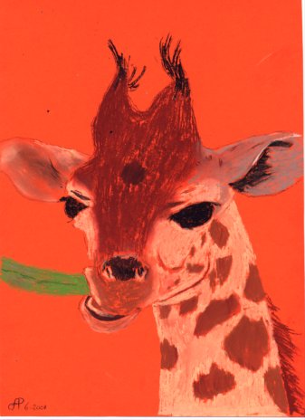 Pastelkrijt op papier. 28-6-2001, Giraf. 21x29 cm